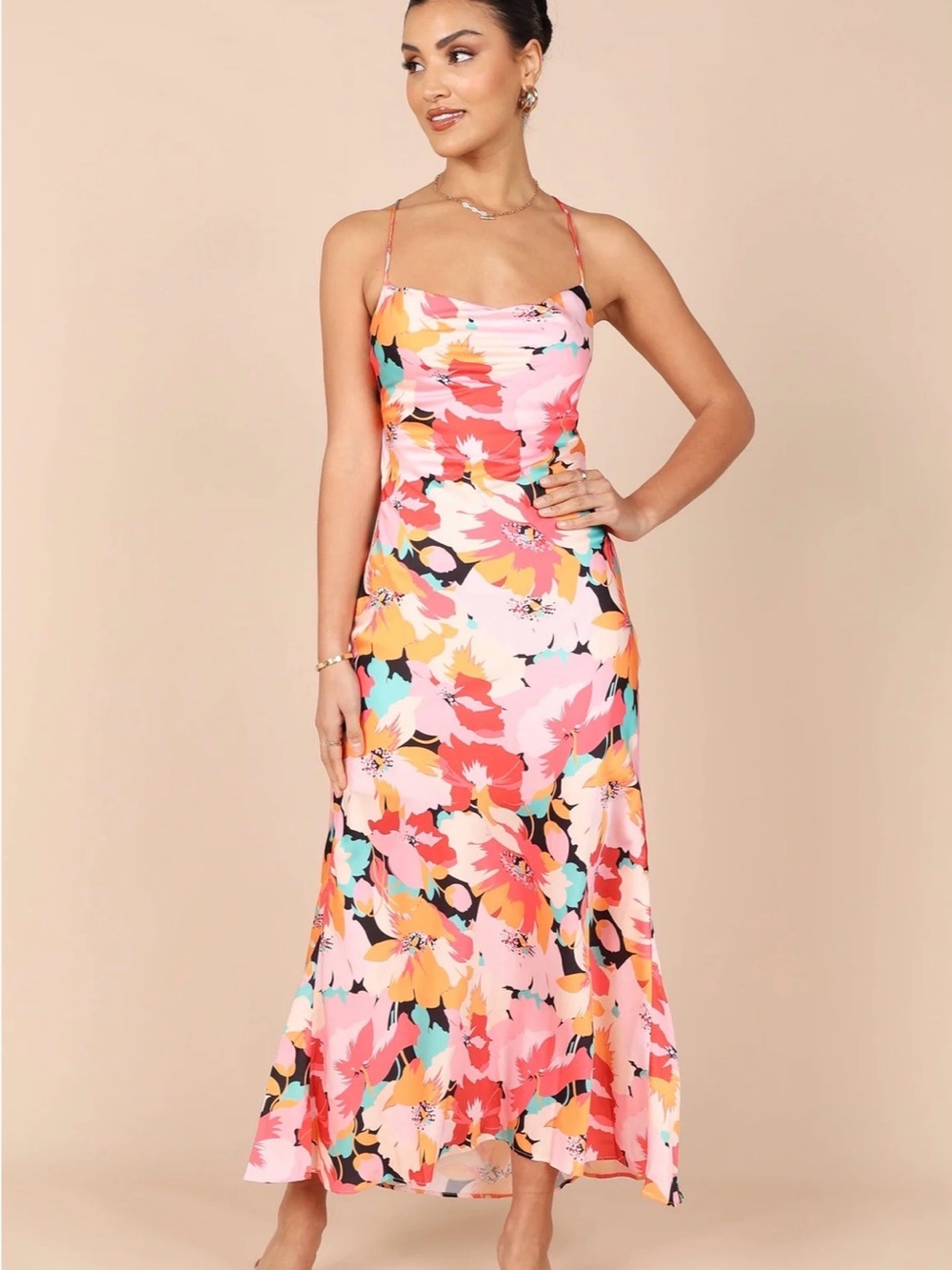 Petal & Pup Pink Floral Cowl Neck Maxi Dress Posse Midi Slip Dress XS